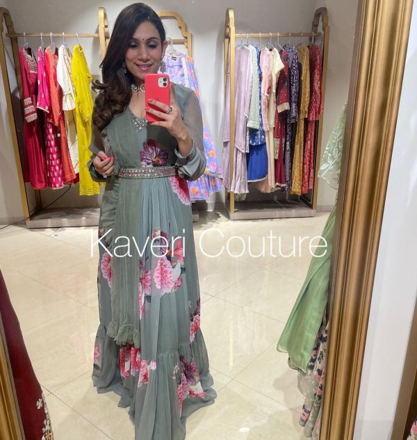 Superb Green Color Sequence Coding Embroidery Work Gown