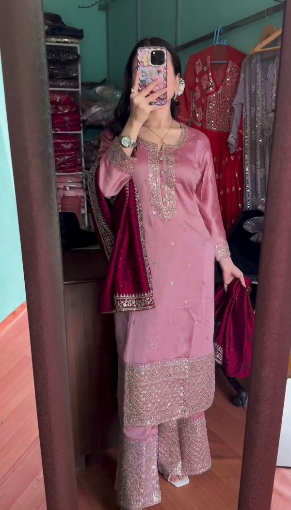 Superb Peach Color Chinnon Silk Embroidery Work Salwar Suit