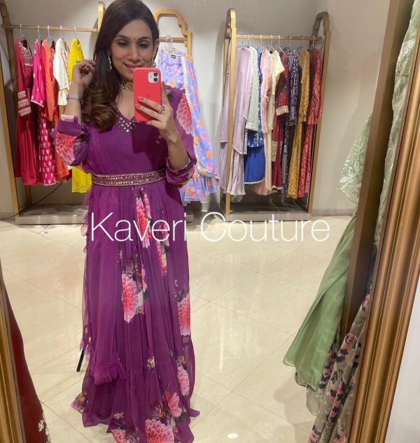 Superb Purple Color Sequence Coding Embroidery Work Gown