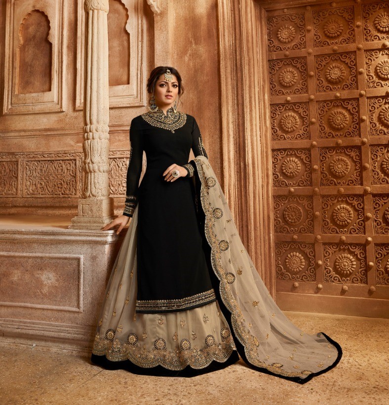 sharara dress for wedding party Champagne Beige Floral Embroidered Anarkali Sharara Set Cholimarket