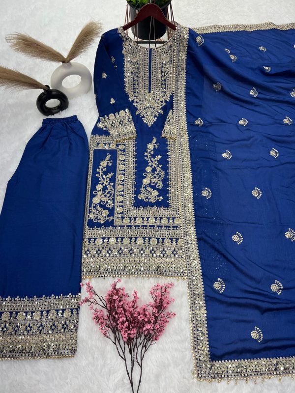 Fancy Blue Chinnon Silk Embroidery Coding Dori Salwar Suit