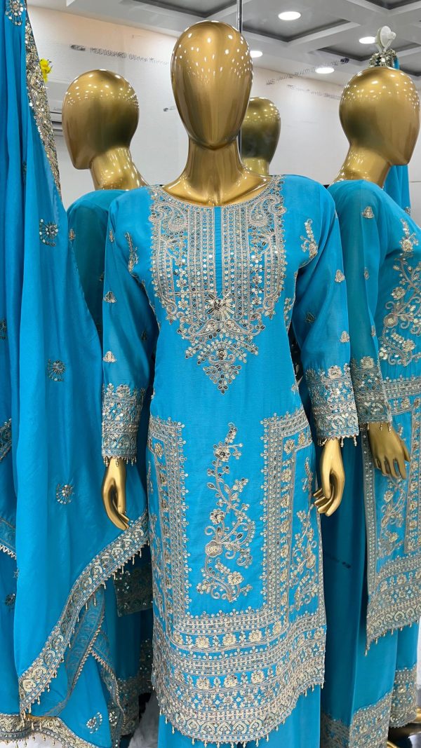 Fancy Sky Blue Chinnon Silk Embroidery Coding Dori Salwar Suit