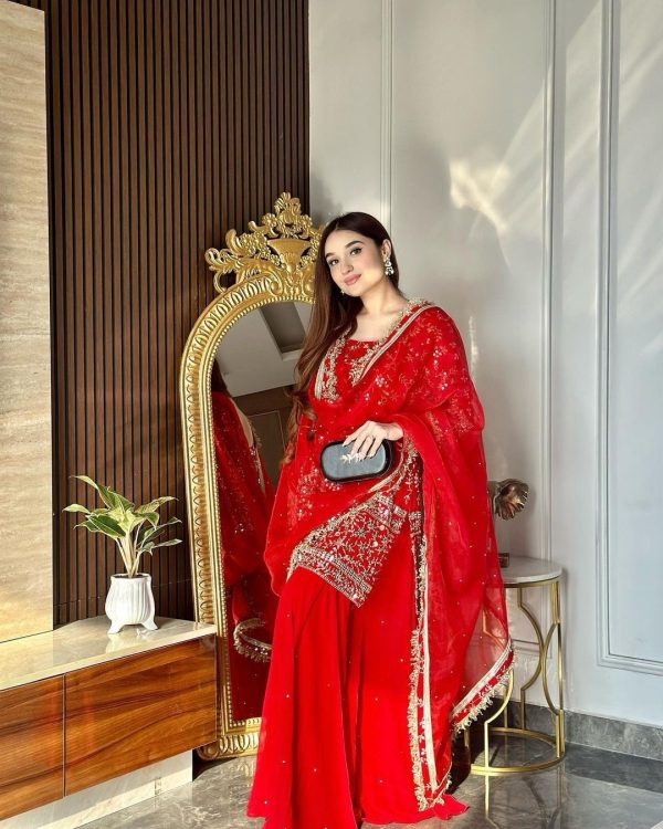 Fine Red Color Georgette Thread With Sequence Salwar Suit