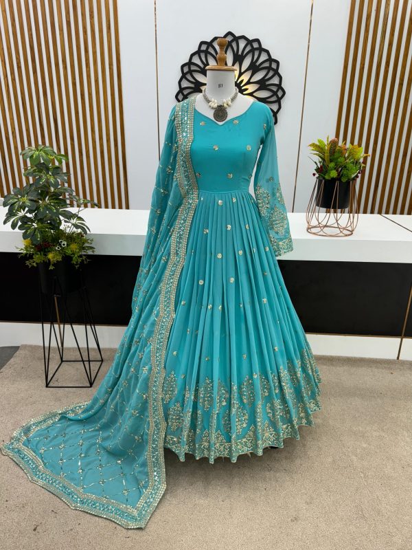 Graceful Blue Color Georgette Embroidery Sequence Work Gown