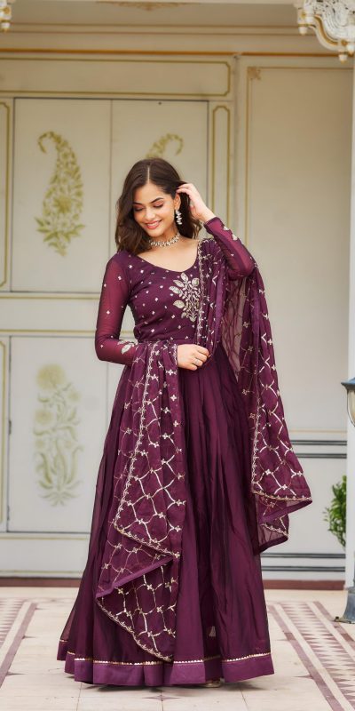 Ram 022 Purple Color Rangoli Sequence Embroidery Gown Casual, Wedding, Festive, Events Expected Delivery 4-6 Working Days @2099/- | Bollywood Gowns, Creative Gowns, Designer Gowns, Embroidered Gowns, Gowns, Party Wear Gowns