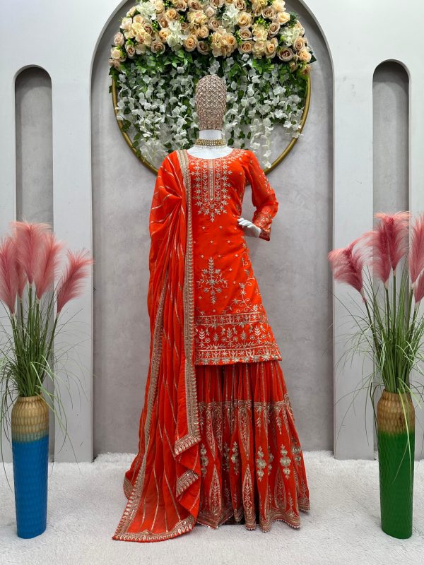 Peaceful Orange Color Georgette Thread Sequence Salwar Suit