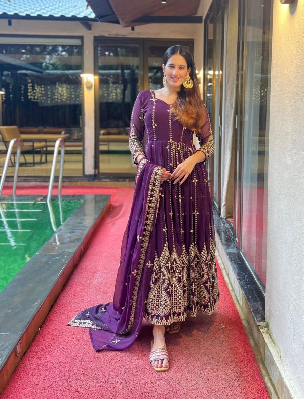 Pretty Purple Georgette Embroidery Sequence Anarkali Suit