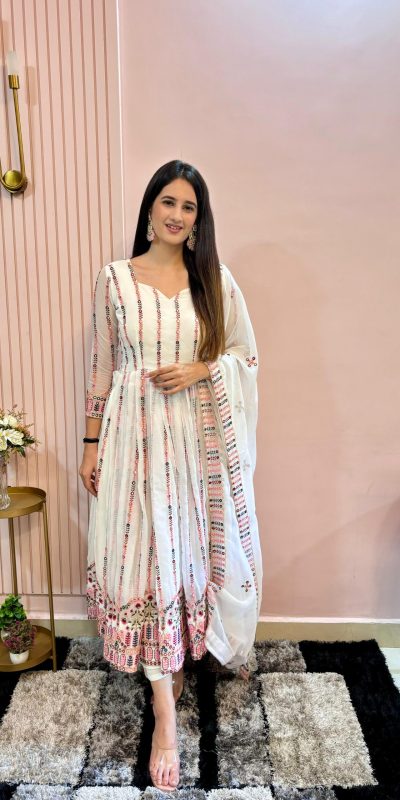 Pretty White Color Georgette Embroidery Multi Needle Work Gown