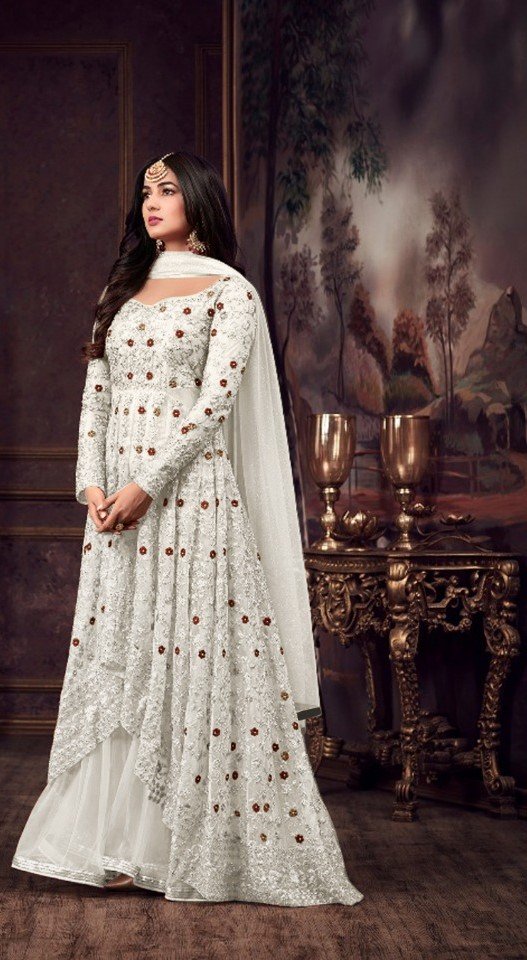 Fine White Color Heavy Net Embroidery Sequence Salwar Suit