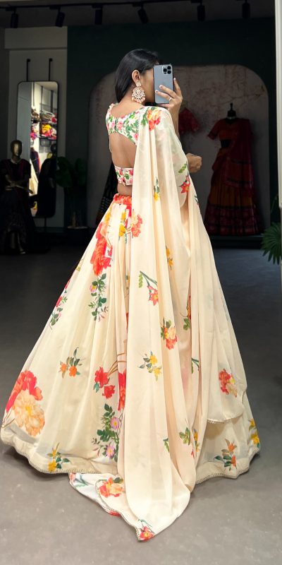 LNB 1021 Cream Color Grand Georgette Floral Printed Lehenga Choli Casual, Wedding, Festive, Events Expected Delivery 4-6 Working Days @2099/- | Bollywood Lehenga, Creative Lehenga, Designer Lehenga, Embroidered Lehenga, Lehenga, Party Wear Lehenga
