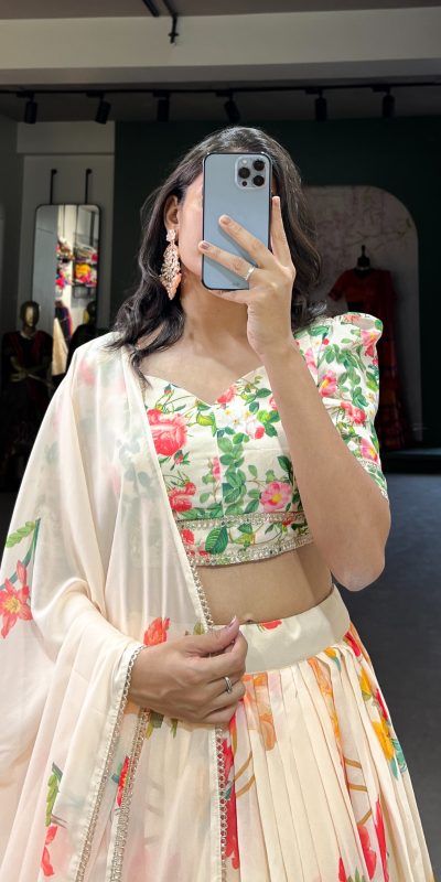 LNB 1021 Cream Color Grand Georgette Floral Printed Lehenga Choli Casual, Wedding, Festive, Events Expected Delivery 4-6 Working Days @2099/- | Bollywood Lehenga, Creative Lehenga, Designer Lehenga, Embroidered Lehenga, Lehenga, Party Wear Lehenga