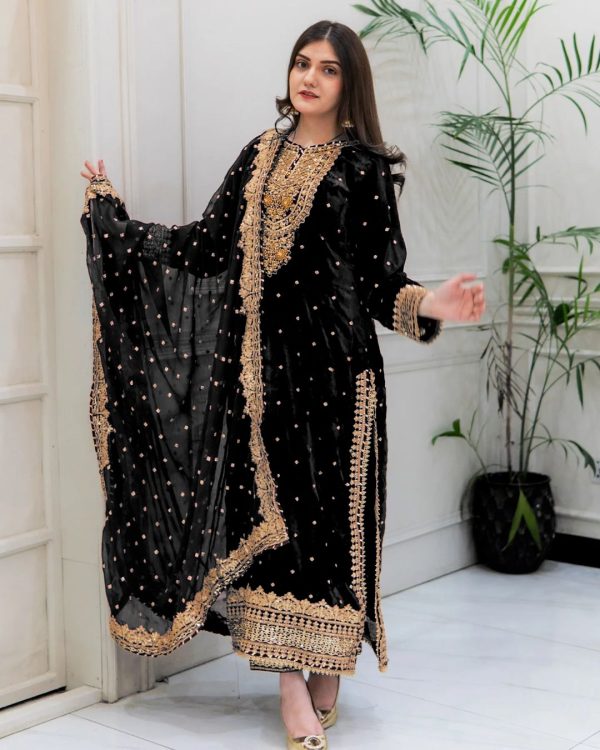 Exotic Black Color Velvet Georgette Embroidery Sequence Salwar Suit