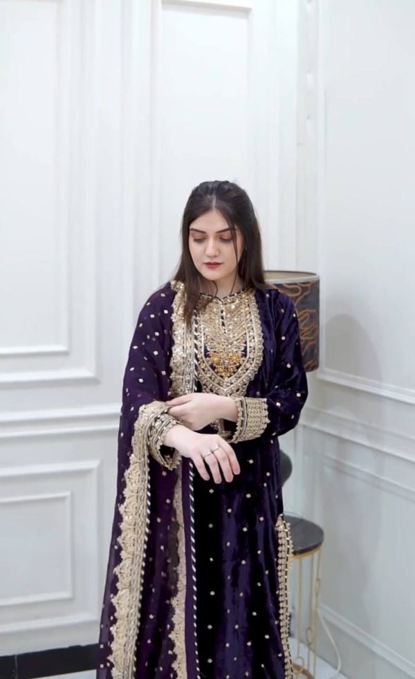 Soft Navy Blue Color Velvet Georgette Embroidery Sequence Salwar Suit
