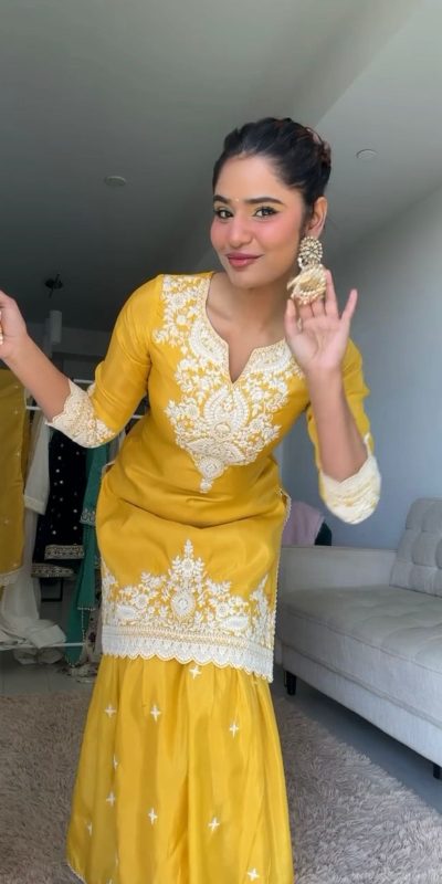 RTC 5827 Yellow Color Chinnon Silk thread With Sequence Sharara Suit Wedding, Party, Festive, Events Etc. Expected Delivery 4-6 Working Days @2399/- | Jump Suits, Casual Suits, Creative suits, Designer Suits, Palazzo Suits, Party Wear Suits, Patiala Suits, Salwar suit, Straight Suits