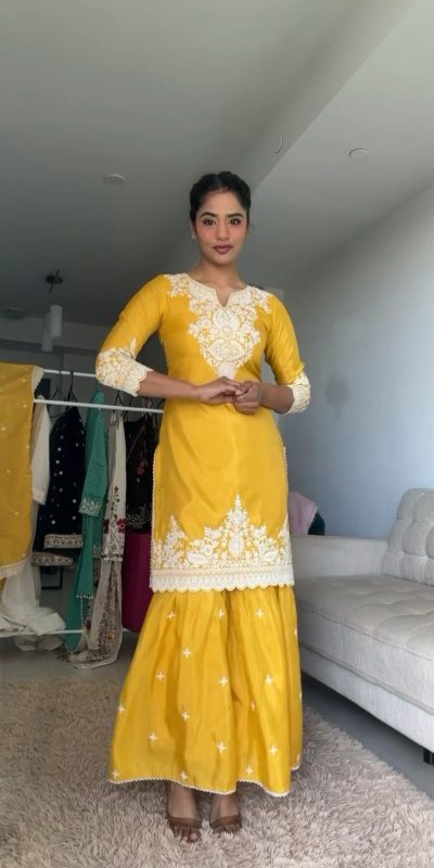 RTC 5827 Yellow Color Chinnon Silk thread With Sequence Sharara Suit Wedding, Party, Festive, Events Etc. Expected Delivery 4-6 Working Days @2399/- | Jump Suits, Casual Suits, Creative suits, Designer Suits, Palazzo Suits, Party Wear Suits, Patiala Suits, Salwar suit, Straight Suits
