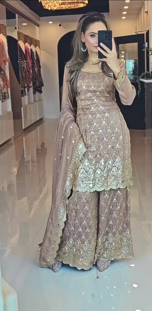 Classic Cream Color Chinnon Silk Embroidery Sequence Work Real Mirror Hand Work Salwar Suit