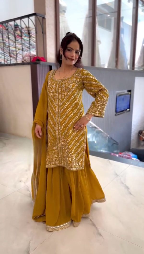Classic Yellow Color Faux Georgette With Embroidery Sequence Work Salwar Suit
