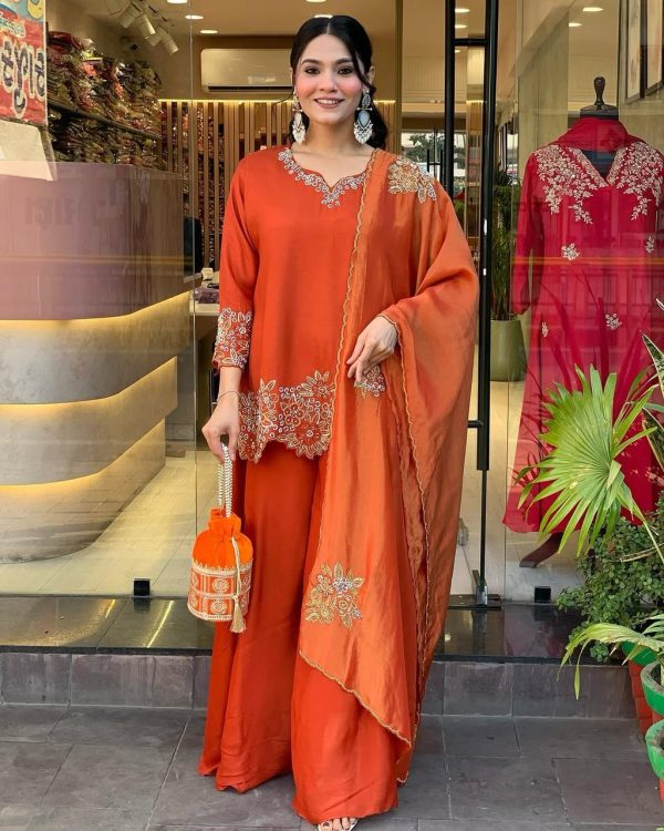 Fancy Orange Color Faux Georgette With Heavy Embroidery Sequence Work Salwar Suit