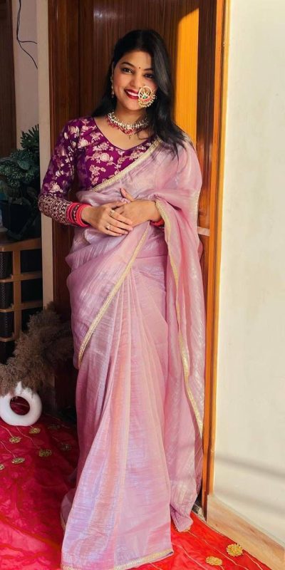 MS 467 Light Pink Color Pure Tissue Crush Silk Fabric With Fancy Lace Saree , Wedding, Festive, Events . Expected Delivery 4-6 Working Days @1699/- only | Bollywood Sarees, Creative Sarees, Designer Sarees, Embroidered Sarees, Ethnic Saree, Modern Digital sarees, Party Wear Sarees, Sarees