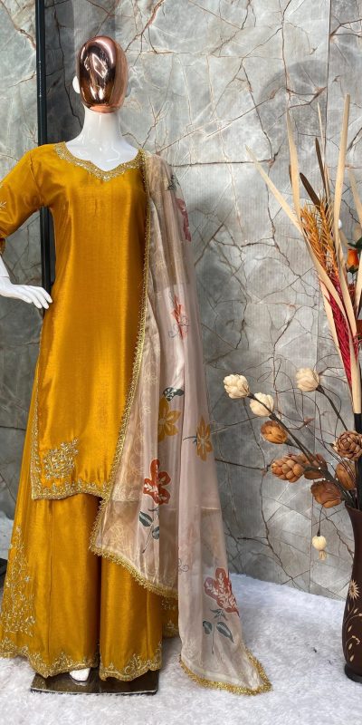 LG 1872 Yellow Color Chinnon Silk With Embroidery Work Sharara Suit Wedding, Party, Festive, Events Etc. Expected Delivery 4-6 Working Days @2049/- | Jump Suits, Casual Suits, Creative suits, Designer Suits, Palazzo Suits, Party Wear Suits, Patiala Suits, Salwar suit, Straight Suits