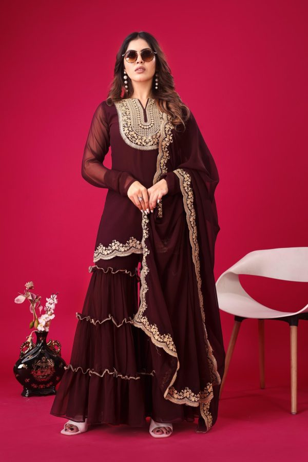 Magical Maroon Color Faux Georgette Embroidery Sequence Work Salwar Suit