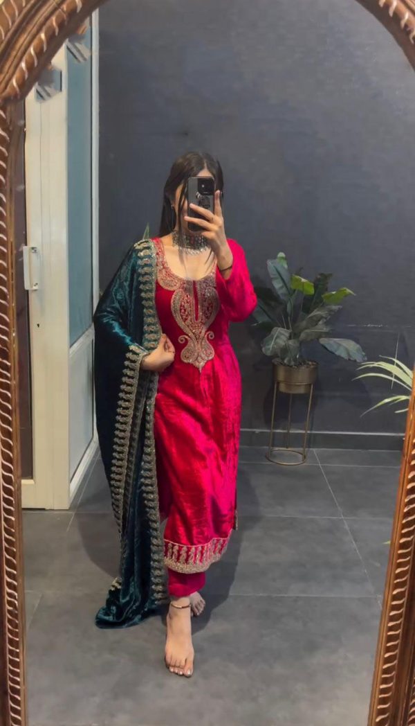 Magical Red Color Velvet With Heavy Embroidery Sequence Salwar Suit