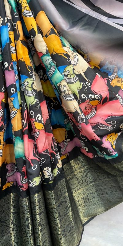MS Kalamkari Black Color Jacquard Dola Silk With Kalamkari Print Saree Casual, Wedding, Festive, Events . Expected Delivery 4-6 Working Days @1549/- only | Bollywood Sarees, Creative Sarees, Designer Sarees, Embroidered Sarees, Ethnic Saree, Modern Digital sarees, Party Wear Sarees, Sarees