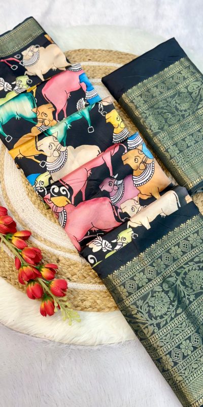 MS Kalamkari Black Color Jacquard Dola Silk With Kalamkari Print Saree Casual, Wedding, Festive, Events . Expected Delivery 4-6 Working Days @1549/- only | Bollywood Sarees, Creative Sarees, Designer Sarees, Embroidered Sarees, Ethnic Saree, Modern Digital sarees, Party Wear Sarees, Sarees