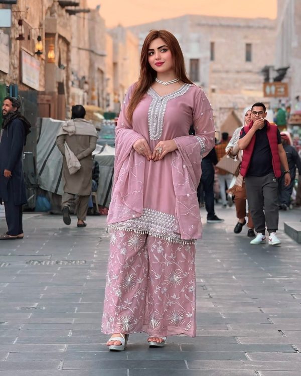 Progressive Light Pink Color Faux Georgette With Embroidery Sharara Suit