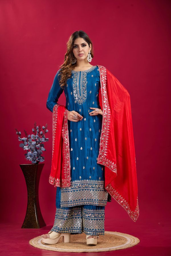 Royal Blue Color Pure Chinnon Silk With Embroidery Sequence Work Salwar Suit
