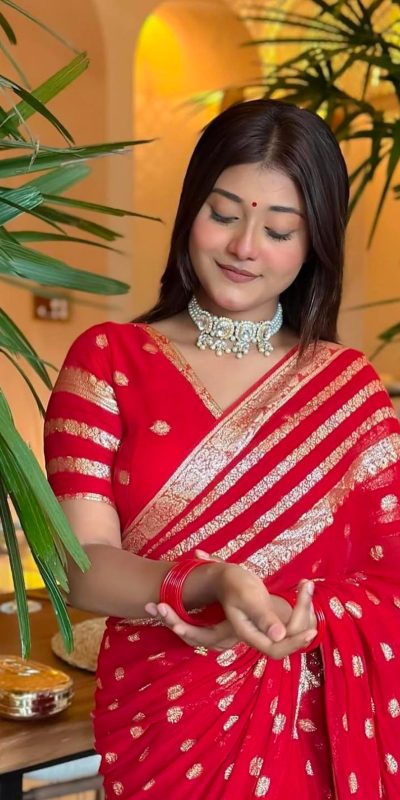 MS Pani Red Color Viscose Georgette With Pure Jacquard Zari Saree Casual, Wedding, Festive, Events . Expected Delivery 4-6 Working Days @1599/- only | Bollywood Sarees, Creative Sarees, Designer Sarees, Embroidered Sarees, Ethnic Saree, Modern Digital sarees, Party Wear Sarees, Sarees