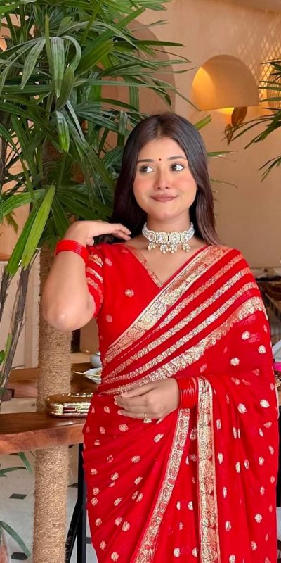 MS Pani Red Color Viscose Georgette With Pure Jacquard Zari Saree Casual, Wedding, Festive, Events . Expected Delivery 4-6 Working Days @1599/- only | Bollywood Sarees, Creative Sarees, Designer Sarees, Embroidered Sarees, Ethnic Saree, Modern Digital sarees, Party Wear Sarees, Sarees