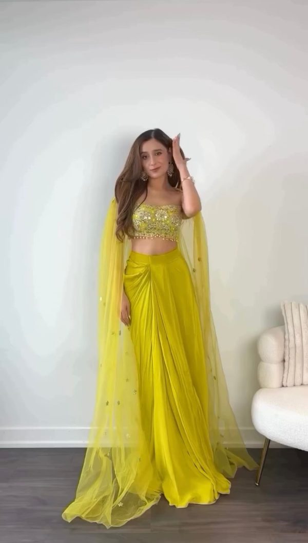 Special Yellow Color Chinon Silk Thread With 9mm Sequence Dhoti Suit