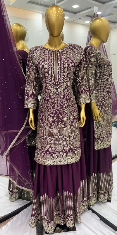 Amazing Wine Color Chinnon Silk 5mm Embroidery Sequence With Moti Work Salwar Suit