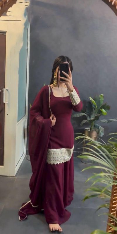 VLM 253 Marron Color Fox Georgette With Heavy Embroidery Work Salwar Suit Casual, Wedding, Party, Festive, Events Etc.4-6 Working Days@ 1899/-only | Jump Suits, Casual Suits, Creative suits, Designer Suits, Palazzo Suits, Party Wear Suits, Patiala Suits, Salwar suit, Straight Suits
