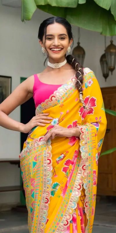 MS 472 Yellow color Chinon Printed Multicolored Embroidery Coding Sequins Lace Saree Wedding, Festive, Events . Expected Delivery 4-6 Working Days @1649/- | Bollywood Sarees, Creative Sarees, Designer Sarees, Embroidered Sarees, Ethnic Saree, Modern Digital sarees, Party Wear Sarees, Sarees