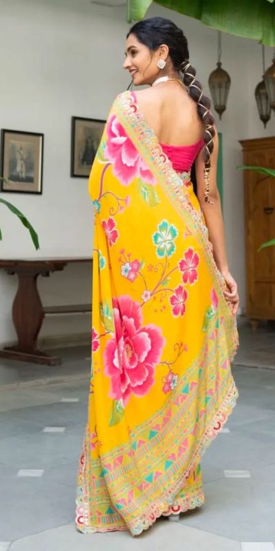 MS 472 Yellow color Chinon Printed Multicolored Embroidery Coding Sequins Lace Saree Wedding, Festive, Events . Expected Delivery 4-6 Working Days @1649/- | Bollywood Sarees, Creative Sarees, Designer Sarees, Embroidered Sarees, Ethnic Saree, Modern Digital sarees, Party Wear Sarees, Sarees