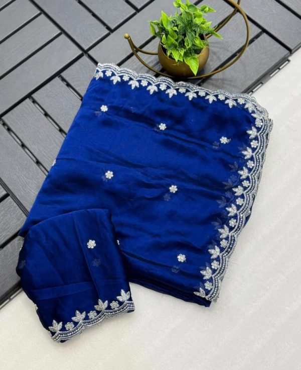 Beautiful Blue Color Rangoli Chiffon Embroidery Cut Work Saree