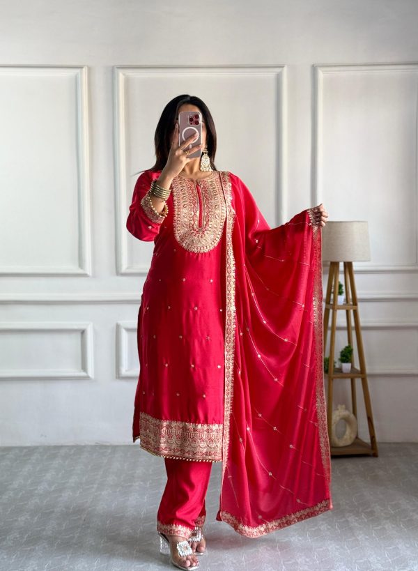 Classic Red Color Cosmo Silk With Heavy Embroidery Sequence Work Salwar Suit