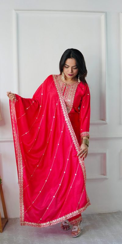 VLM 254 Red Color Cosmo Silk With Heavy Embroidery Sequence Work Salwar Suit Casual, Wedding, Party, Festive, Events Etc.4-6 Working Days@ 2099/-only | Jump Suits, Casual Suits, Creative suits, Designer Suits, Palazzo Suits, Party Wear Suits, Patiala Suits, Salwar suit, Straight Suits