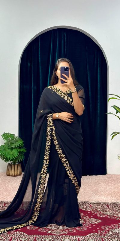 ST 1055 Black Color Faux Georgette Embroidery Work Border Stitched Saree-Gown Wedding Party, Festive, Events Etc.4-6 Working Days@1799/- only | Bollywood Gowns, Creative Gowns, Designer Gowns, Embroidered Gowns, Gowns, Party Wear Gowns, Straight Suits