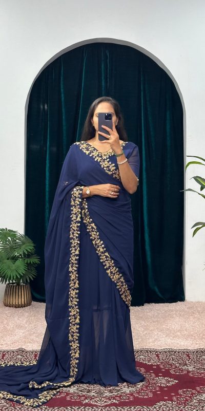 ST 1055 Navy Blue Color Faux Georgette Embroidery Work Border Stitched Saree-Gown Wedding Party, Festive, Events Etc.4-6 Working Days@1799/- only | Bollywood Gowns, Creative Gowns, Designer Gowns, Embroidered Gowns, Gowns, Party Wear Gowns, Straight Suits