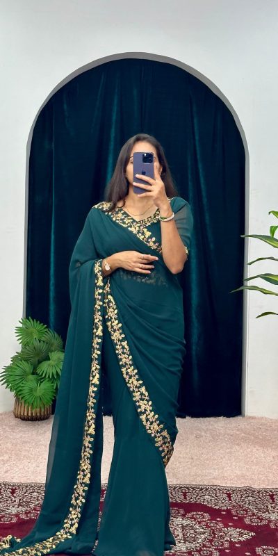 ST 1055 Peacock Blue Color Faux Georgette Embroidery Work Border Stitched Saree-Gown Wedding Party, Festive, Events Etc.4-6 Working Days@1799/- only | Bollywood Gowns, Creative Gowns, Designer Gowns, Embroidered Gowns, Gowns, Party Wear Gowns, Straight Suits