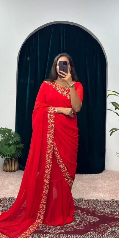 ST 1055 Red Color Faux Georgette Embroidery Work Border Stitched Saree-Gown Wedding Party, Festive, Events Etc.4-6 Working Days@1799/- only | Bollywood Gowns, Creative Gowns, Designer Gowns, Embroidered Gowns, Gowns, Party Wear Gowns, Straight Suits