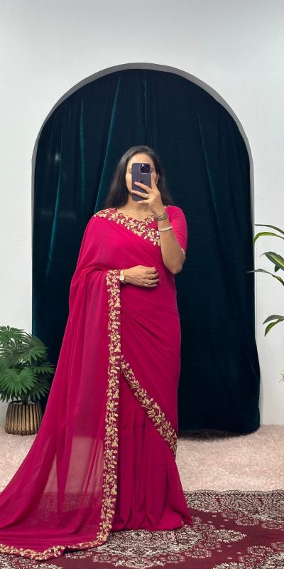 ST 1055 Pink Color Faux Georgette Embroidery Work Border Stitched Saree-Gown Wedding Party, Festive, Events Etc.4-6 Working Days@1799/- only | Bollywood Gowns, Creative Gowns, Designer Gowns, Embroidered Gowns, Gowns, Party Wear Gowns, Straight Suits