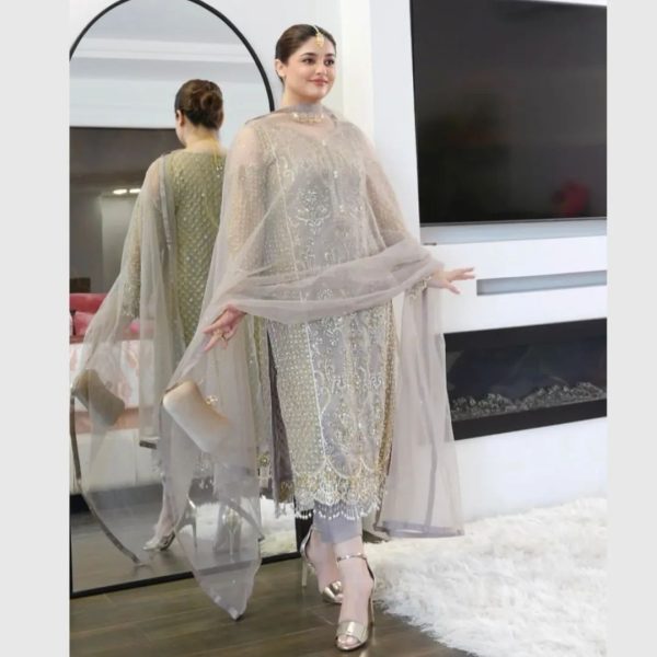 Fancy Cream Color Soft Net Embroidery Sequences With Dimond Work Fancy Lass Salwar Suit