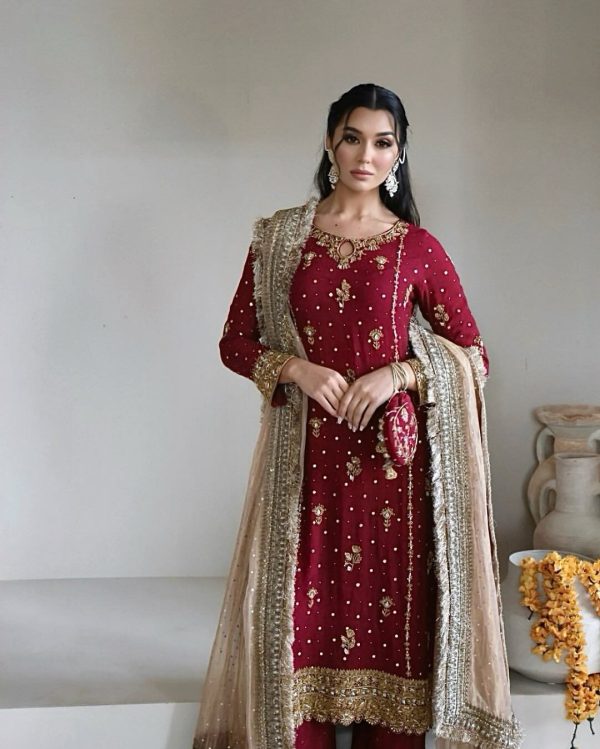 Fantastic Red Color Faux Georgette With Sequence Handmade Moti Work Salwar Suit