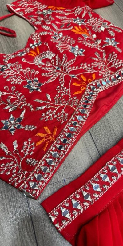 PC 333 Red Color Fox Georgette Embroidery Thread Work With Hand Pasting Mirror Lehenga Choli Wedding, Party, Festive, Events Delivery 4-6 Working Days @2129 | Bollywood Lehenga, Creative Lehenga, Designer Lehenga, Embroidered Lehenga, Lehenga, Party Wear Lehenga