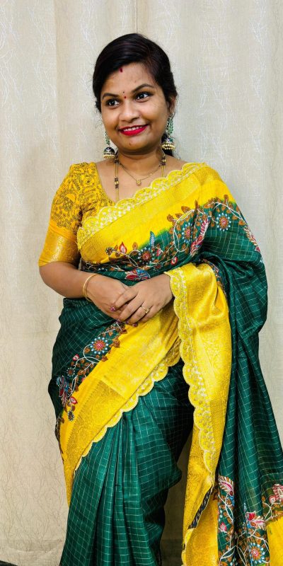 MS 473 Green Color dola mangalagiri checks All Over Kalamkari Floral Print Saree , Wedding, Festive, Events . Expected Delivery 4-6 Working Days @1699/- | Bollywood Sarees, Creative Sarees, Designer Sarees, Embroidered Sarees, Ethnic Saree, Modern Digital sarees, Party Wear Sarees, Sarees
