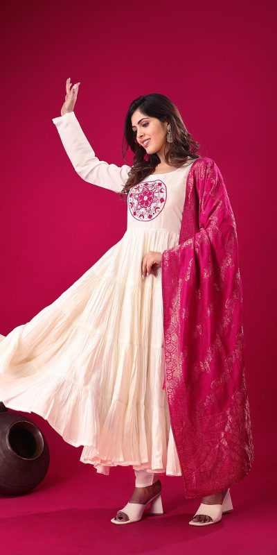 ZSR 3107 White Color Roman Silk With Embroidery Sequence Work Anarkali Gown Wedding Party, Festive, Events Etc.4-6 Working Days@1999/- only | Bollywood Gowns, Creative Gowns, Designer Gowns, Embroidered Gowns, Gowns, Party Wear Gowns, Straight Suits